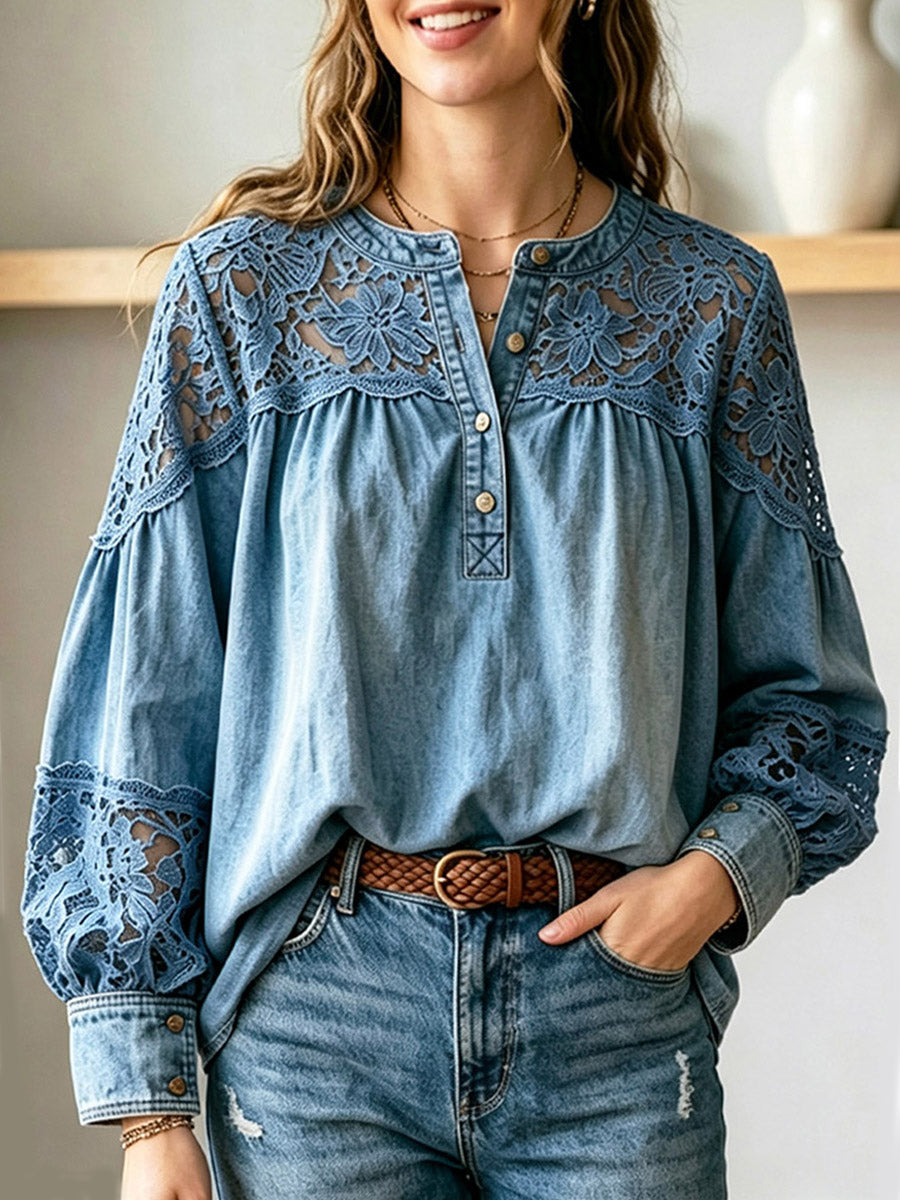 Chemise décontractée à manches longues en denim avec patchwork en dentelle ajourée florale rétro
