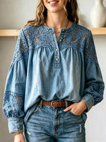 Chemise décontractée à manches longues en denim avec patchwork en dentelle ajourée florale rétro