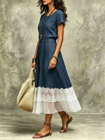 Robe midi en denim pour femme avec patchwork en dentelle