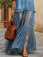Abito lungo casual da donna in denim con rever retrò, organza e patchwork artistico