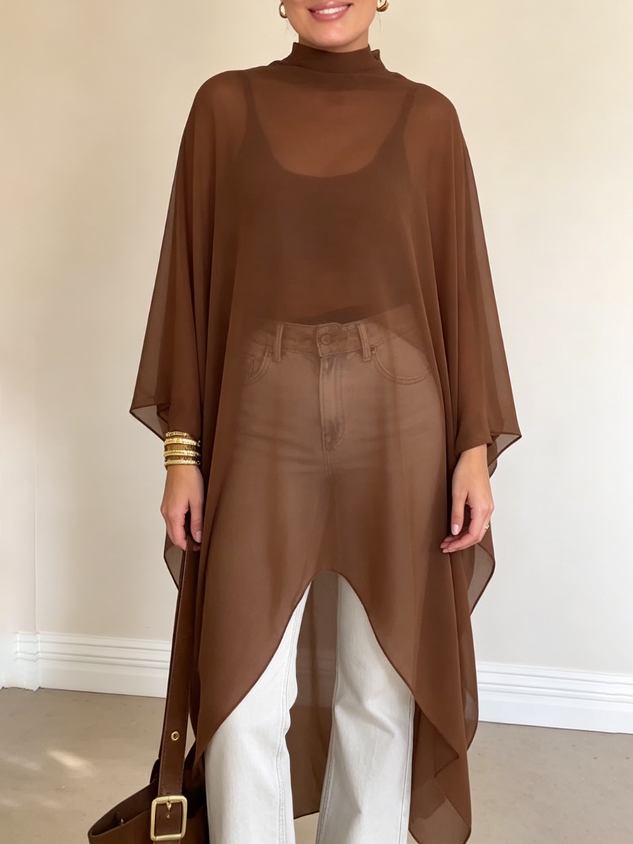 Elegantes Chiffon-Cape-Top mit asymmetrischem Stehkragen
