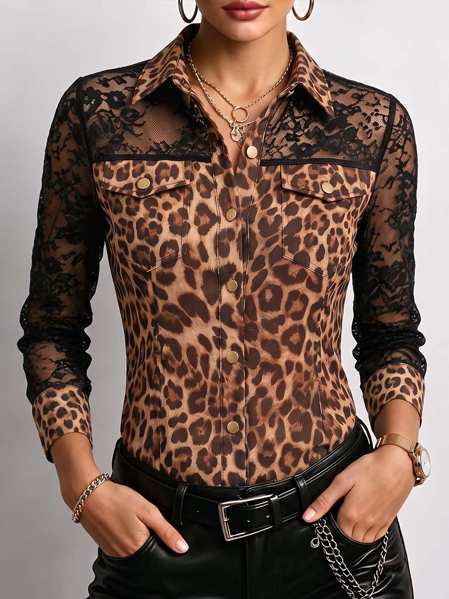 Damen Langarmshirt mit Leopardenmuster, locker geschnitten, mit Spitzenbesatz und Kragen