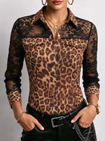 Damen Langarmshirt mit Leopardenmuster, locker geschnitten, mit Spitzenbesatz und Kragen