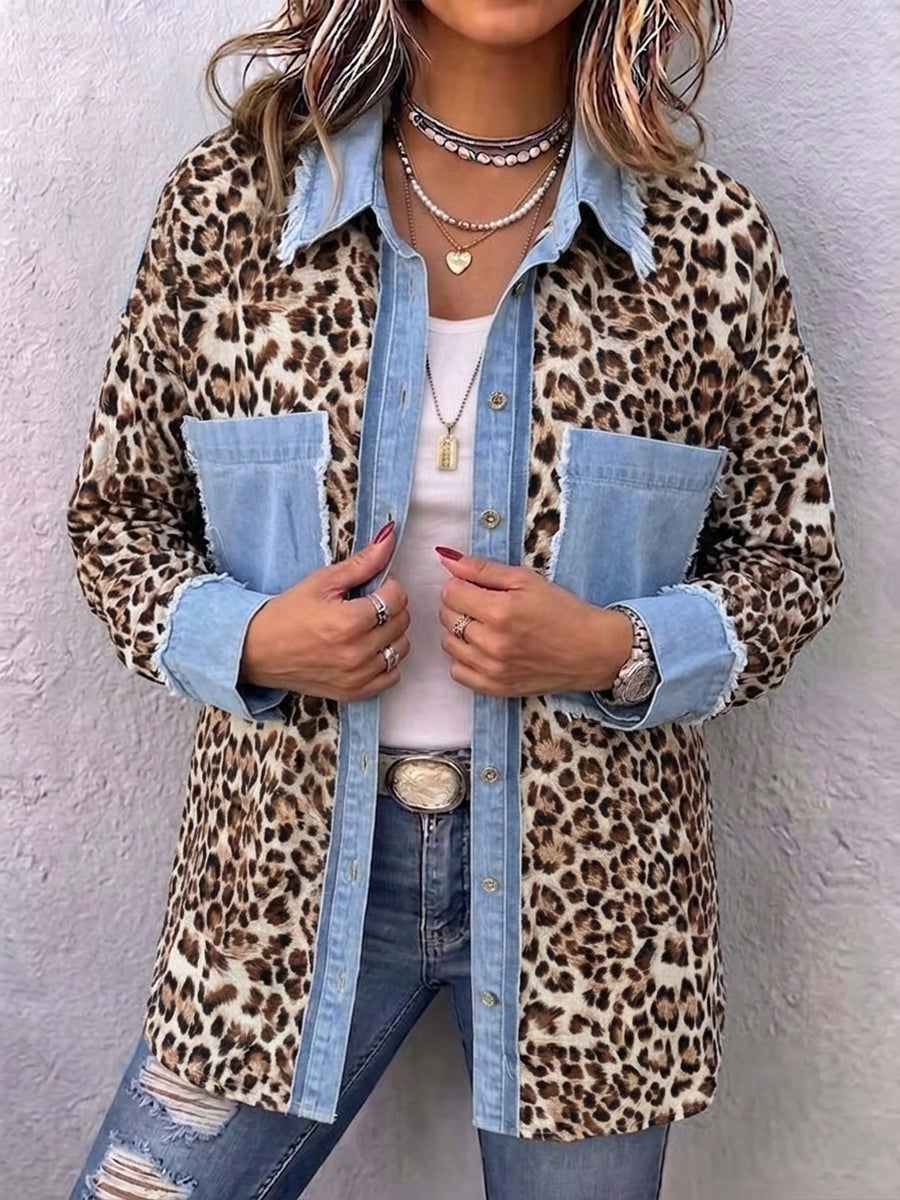 Camisa de ganga casual de corte descontraído com painéis de padrão de leopardo
