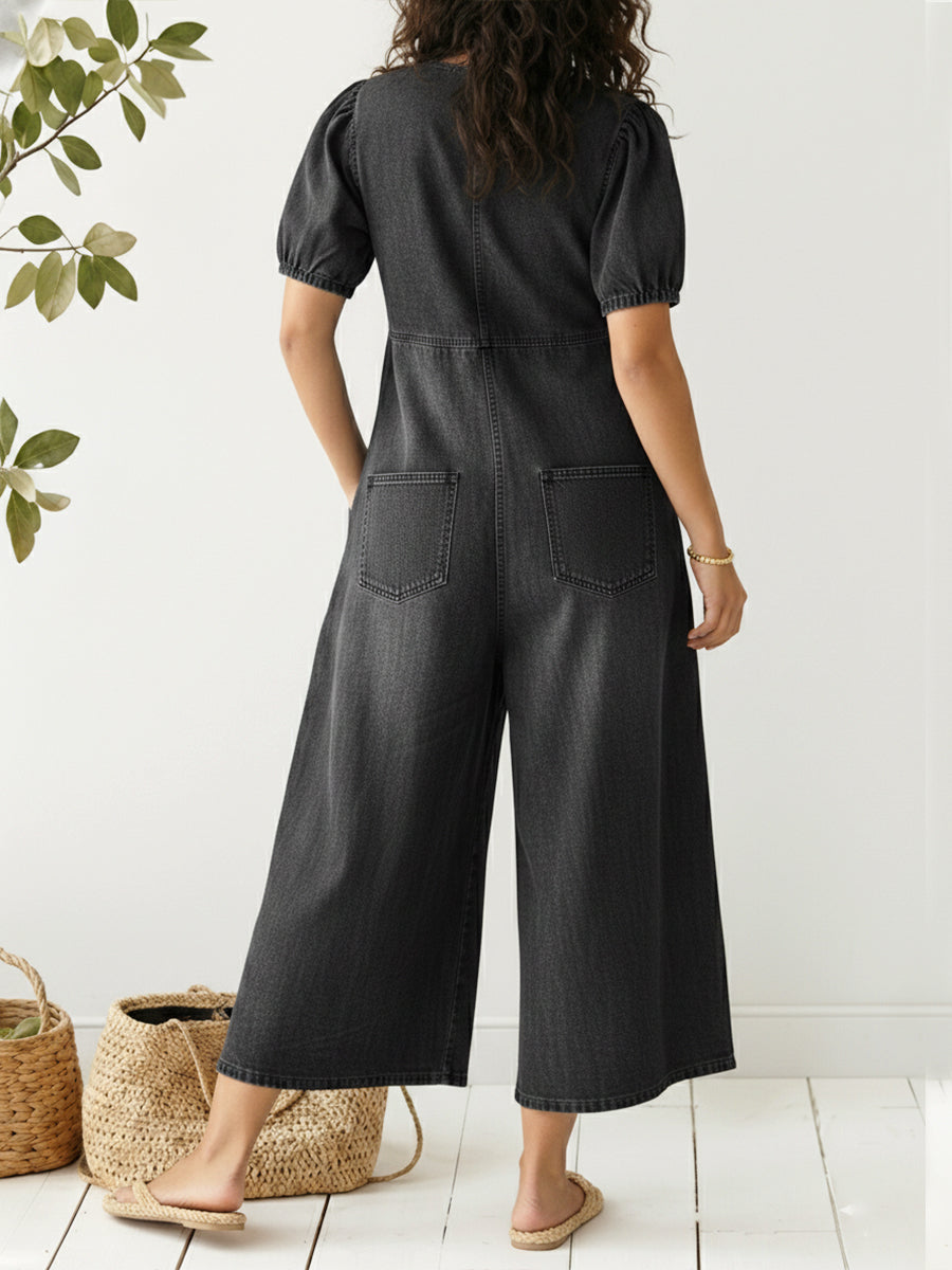 Damen lässiger, weiter Jeans-Jumpsuit mit kurzen Ärmeln und V-Ausschnitt