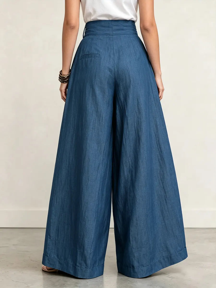 Pantaloni Palazzo a Vita Alta in Denim Tancel con Pieghe Drammatiche