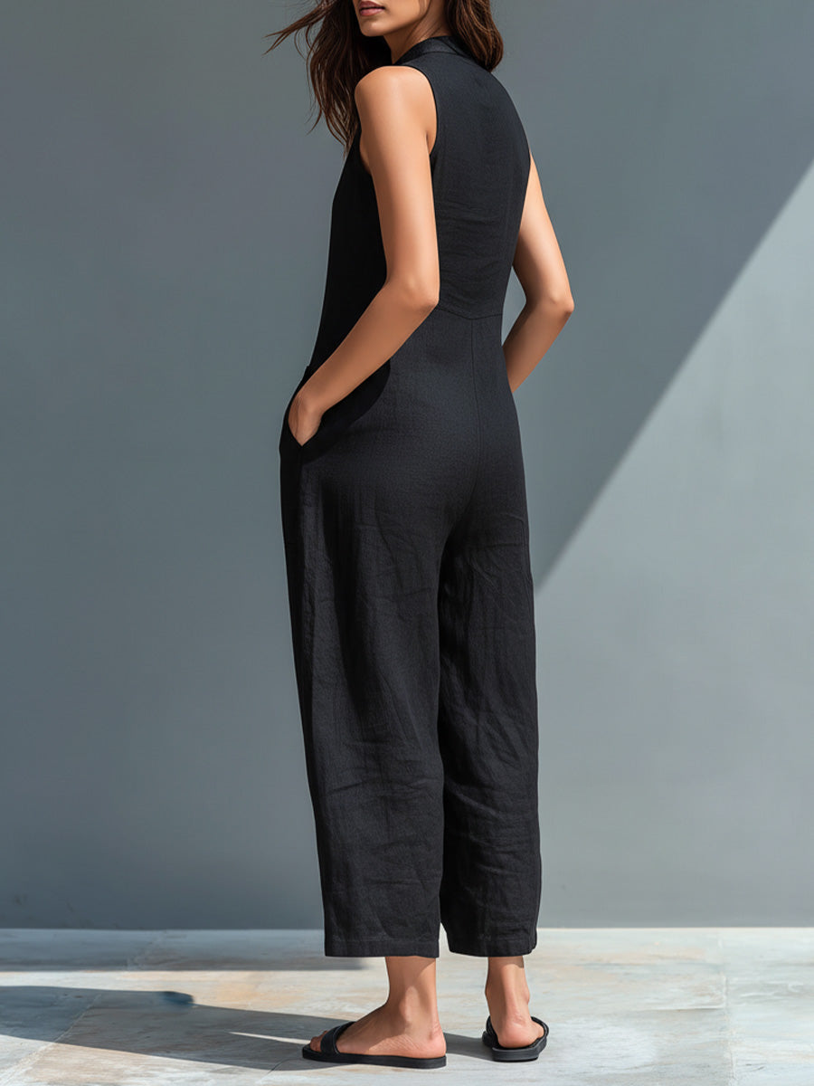Damen V-Ausschnitt Ärmelloser Lässiger Lockere Leinen-Jumpsuit