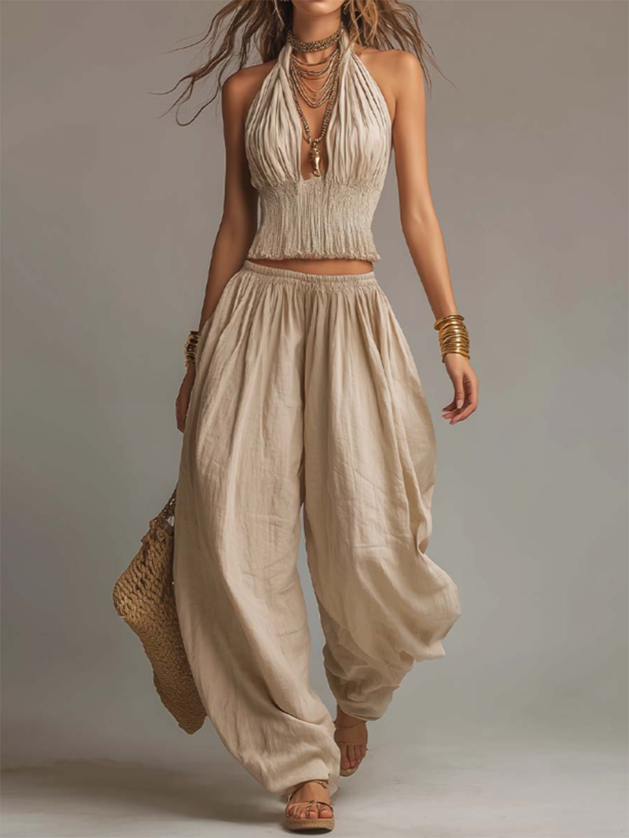 Set due pezzi sexy boho con top halter e pantaloni a gamba larga