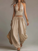 Set due pezzi sexy boho con top halter e pantaloni a gamba larga
