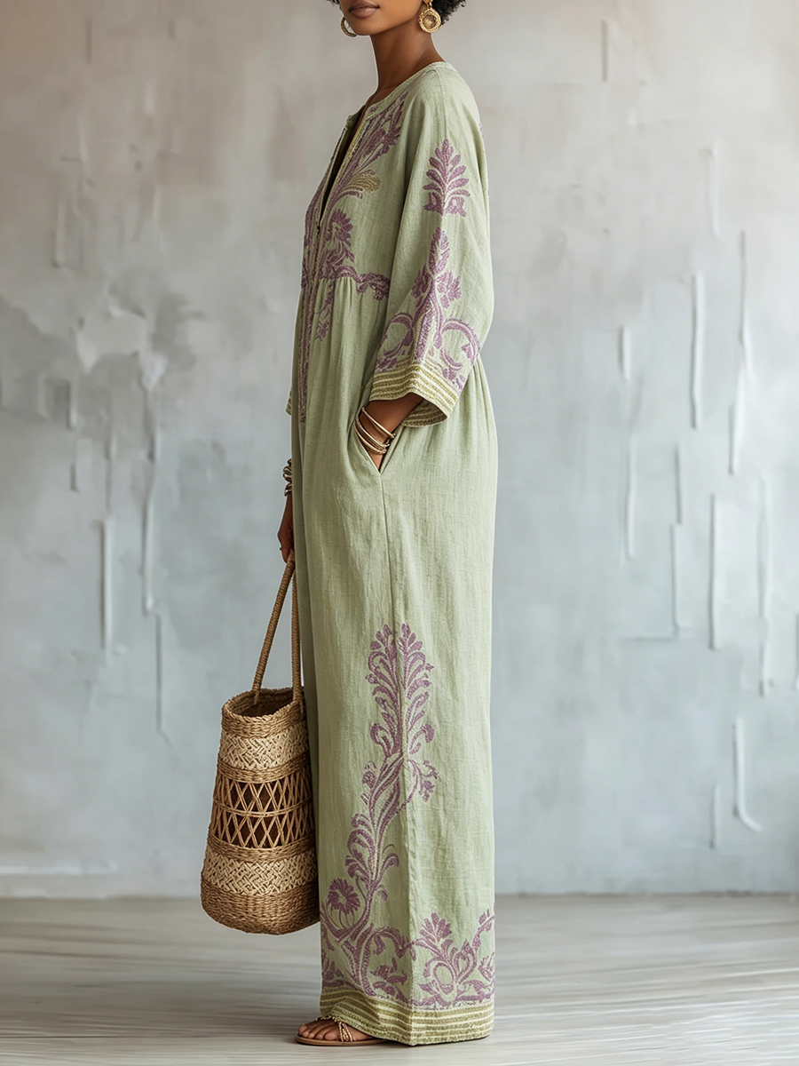 Tuta boho-chic in cotone e lino verde salvia