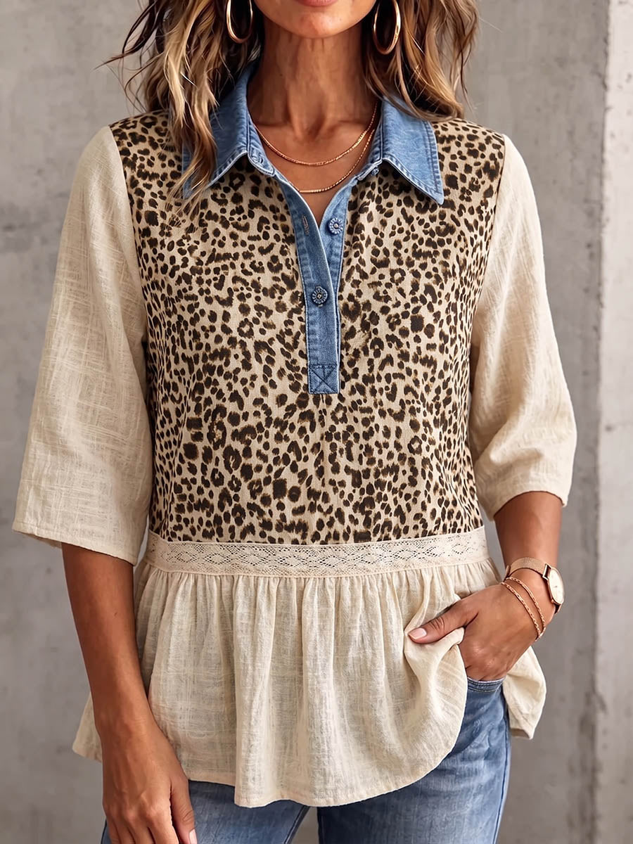 Vintage Elegantes Patchwork Denim Leoparden Spitze Baumwolle-Leinen Hemd