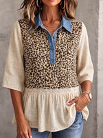 Vintage Elegantes Patchwork Denim Leoparden Spitze Baumwolle-Leinen Hemd
