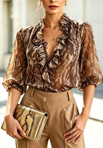 Retro Ruffle Snake Pattern Print Short Sleeve Loose Art Casual Chiffon Shirt