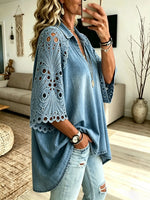 Damenbluse mit hohlem Stickereispitzen-Einsatz, locker geschnitten, aus Denim, 3/4-Arm