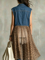 Damen Jeansweste ohne Ärmel mit Leoparden-Chiffon und langem Saum im Patchwork-Cardigan-Stil