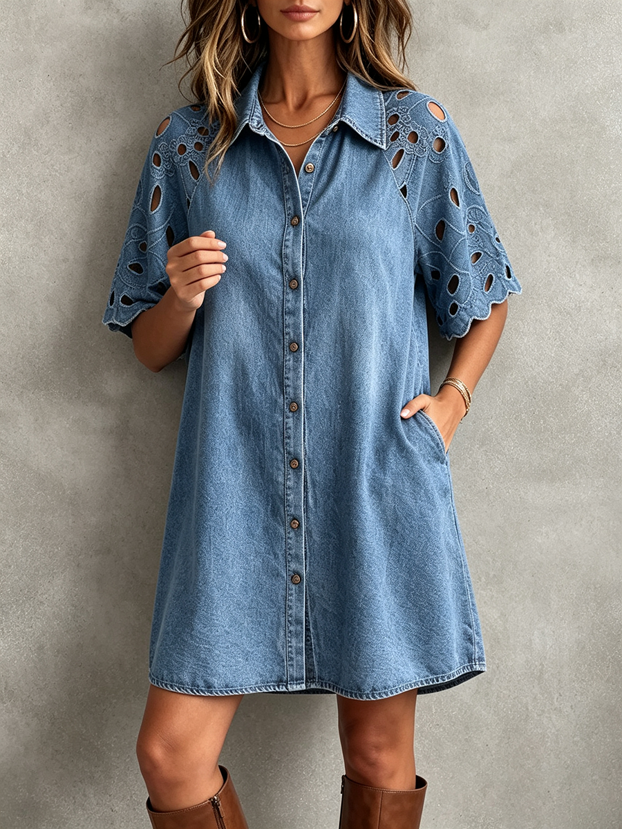 Boho vintage blommig spets-panel A-linje jeansklänning