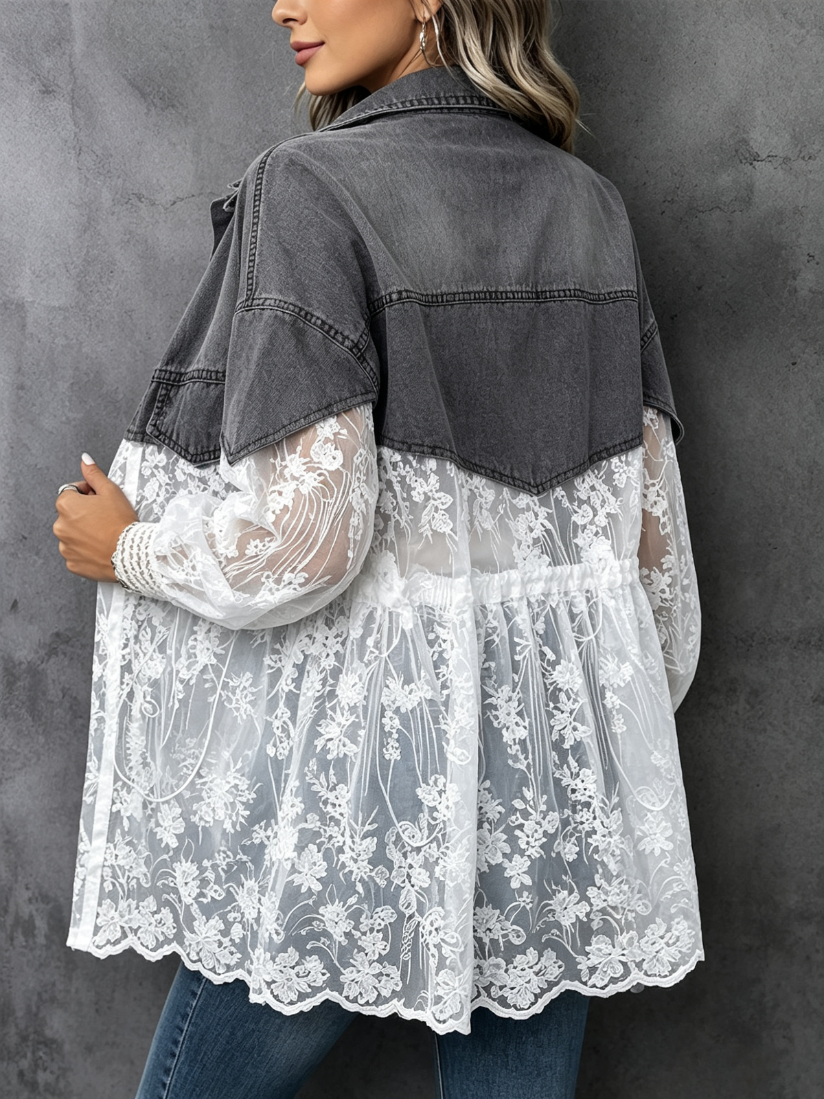 Washed Denim And Lace-panelled Long-sleeve Midi Cardigan Jacket With A Collar And Button-down Front