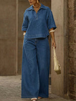 Completo donna casual in denim 100% cotone con top e pantaloni a gamba larga.