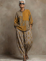 Completo due pezzi in lino e cotone con stampa paisley bohémien, composto da top e pantaloni