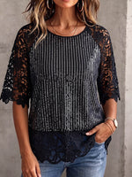 Camisa Vintage Elegante com Lantejoulas Brilhantes, Patchwork e Renda Recortada