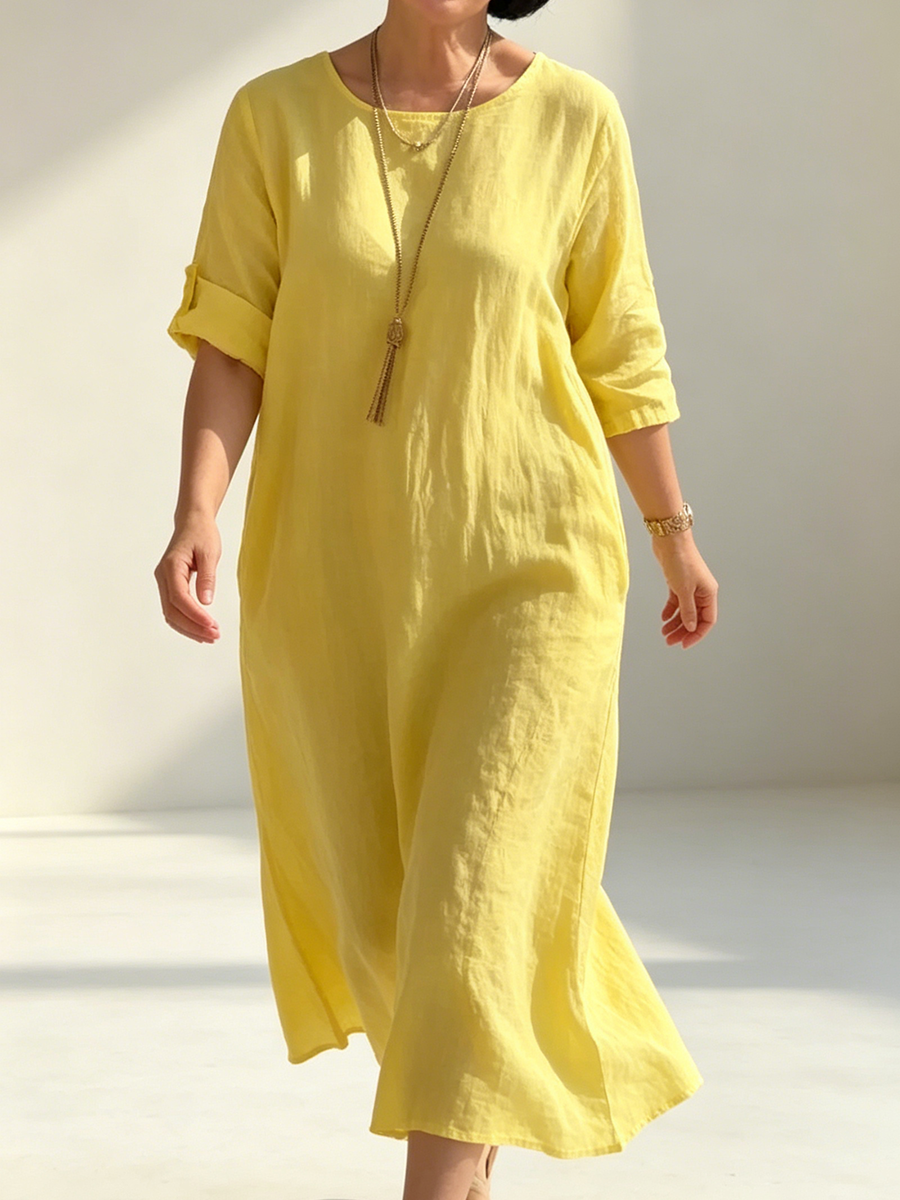 Vestido de algodão e linho amarelo solar com fendas laterais