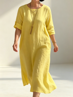 Vestido de algodón y lino amarillo soleado con aberturas laterales