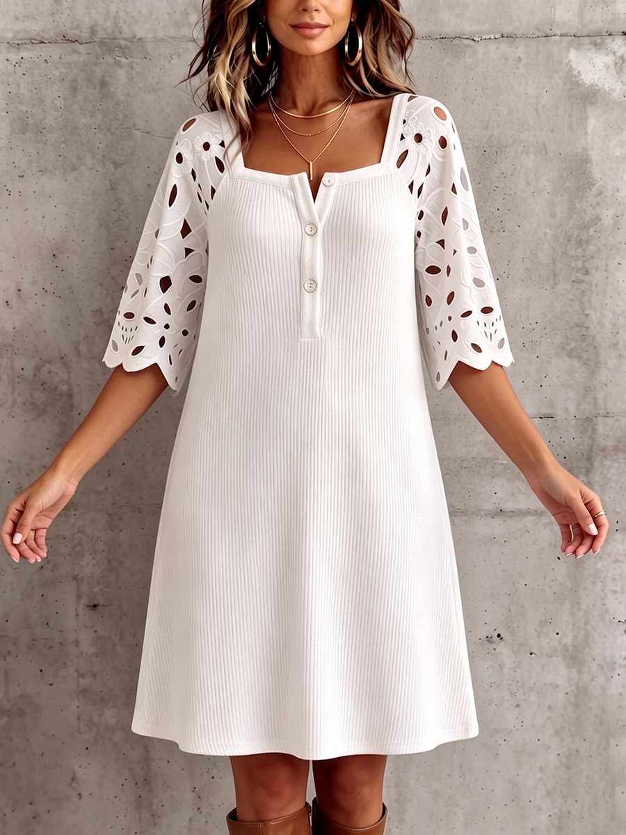 Robe en maille élégante à encolure carrée avec manches brodées de fleurs