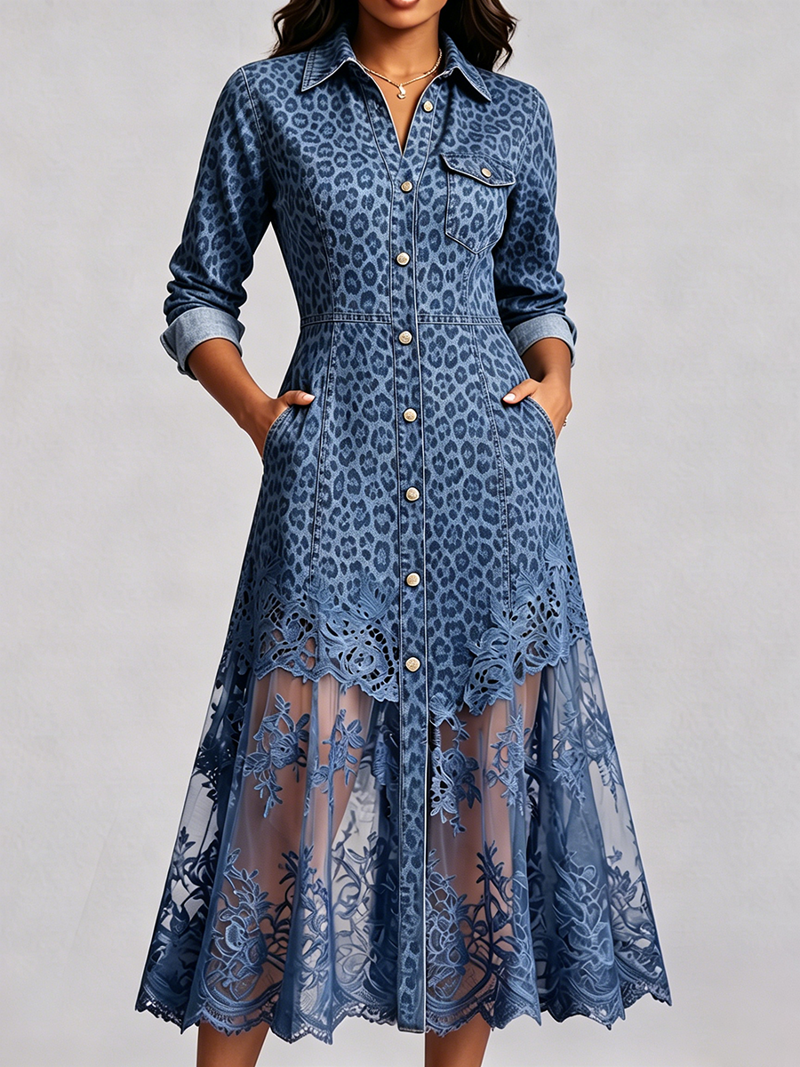 Sexy Jeanskleid mit Leopardenmuster und Spitzenabschluss