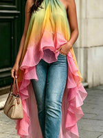 Damen Top mit Farbverlauf, Rüschen, künstlerischem Casual-Stil, modischem Neckholder und ärmellos