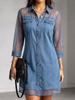 Damen Freizeit Jeanskleid mit lockerem Schnitt, Chiffon-Einsätzen, Reverskragen und 3/4-Ärmeln