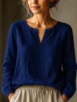 Elegante Bluse mit V-Ausschnitt aus Leinenmischung und Spitzenbesatz