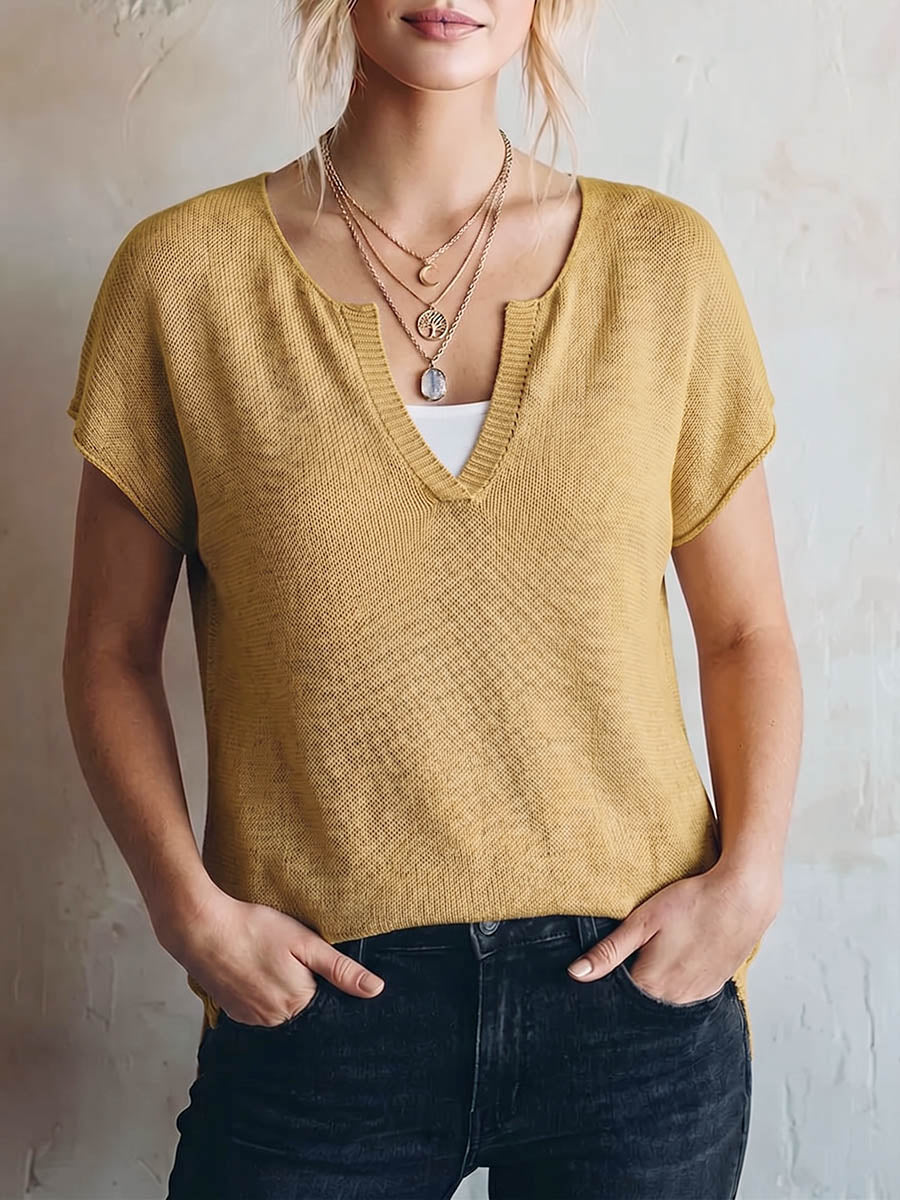 Damen V-Ausschnitt Kurzarm Lässiger Lockerer Strickpullover