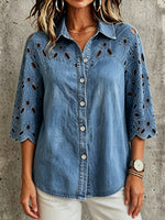 Elegantes Boho-Spitzenhemd mit Blumenmuster und dreiviertel Ärmeln aus Denim