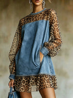 Vestito tunica in denim da donna con pannelli in rete leopardata