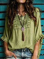 Dames Boho Gehaakte Yoke Blouse met Franjes en 3/4 Mouwen, Losvallend