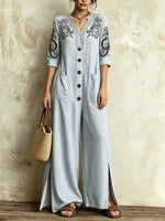 Damen Jumpsuit mit dünnen vertikalen Streifen, Blumenstickerei, V-Ausschnitt, Schlitz und weitem Bein