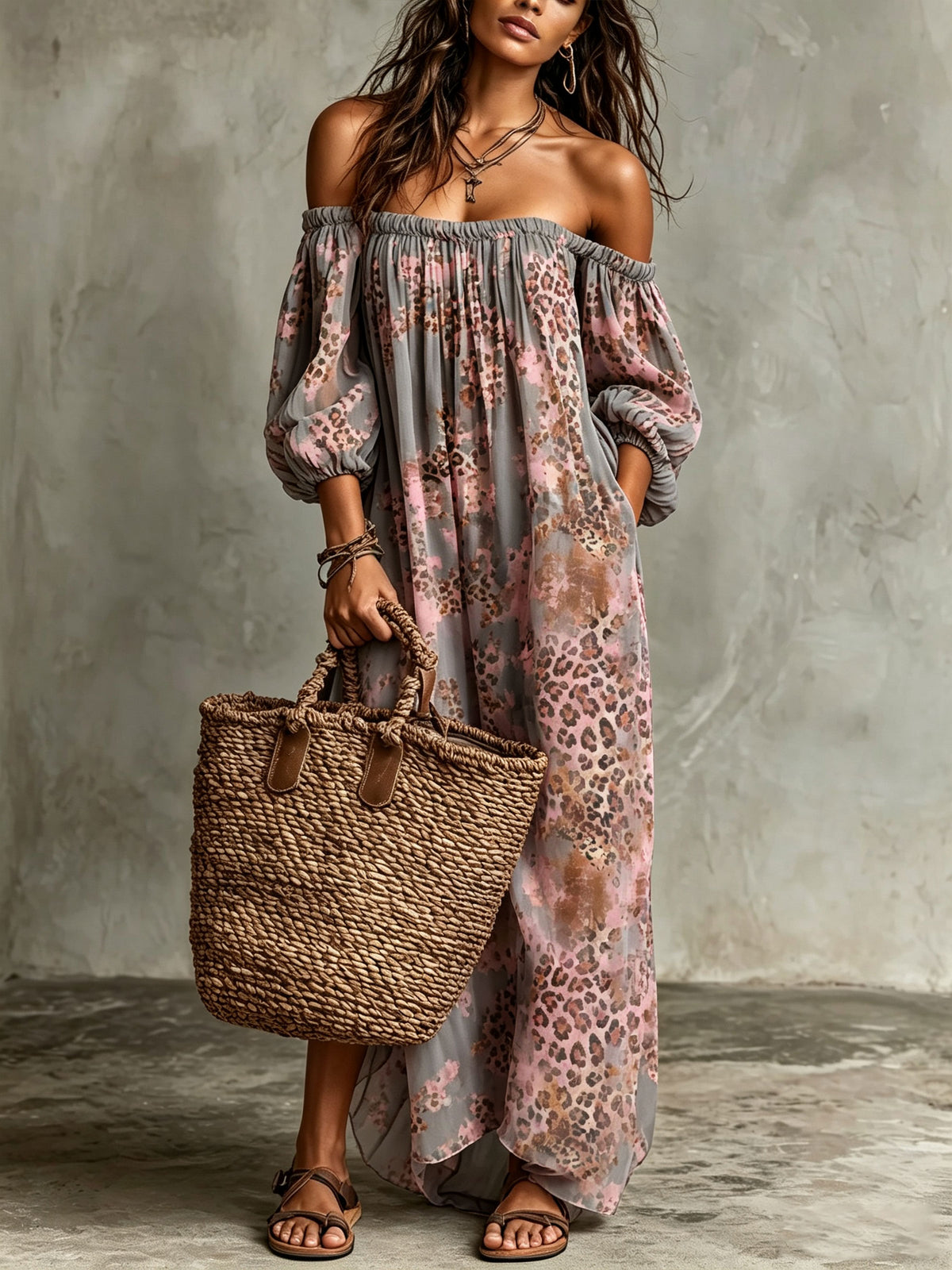 Vestido Maxi Fluído Rosa com Estampa de Leopardo, Ombros Descobertos e Mangas Bufantes para Mulher, com Bolsos