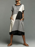 Robe midi pour femmes en lin mélangé à motif géométrique à blocs de couleurs avec poches