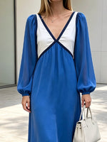Schickes Color-Block V-Ausschnitt Lockeres Kunst Casual Langarmkleid