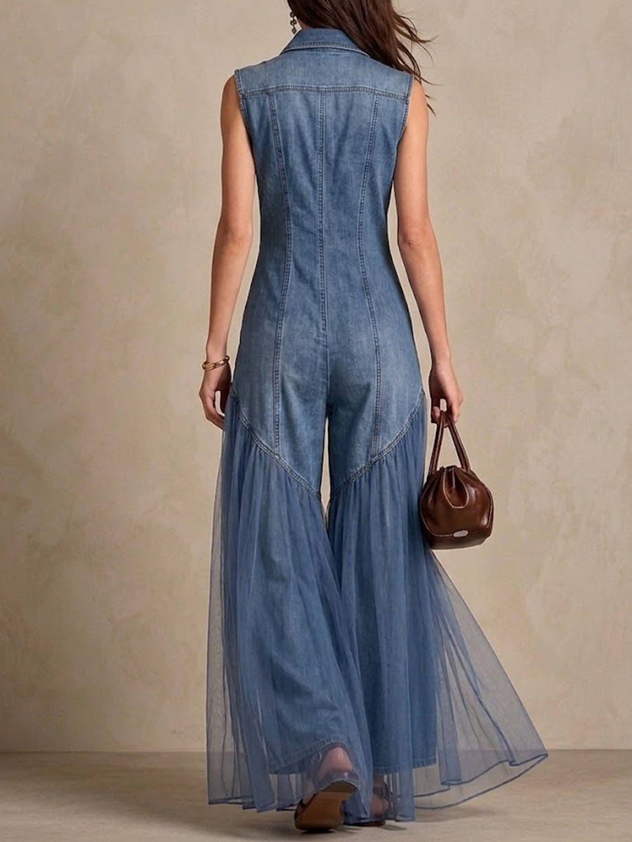 Casual denim jumpsuit med chiffonpaneler nederst
