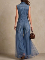 Casual denim jumpsuit med chiffonpaneler nederst