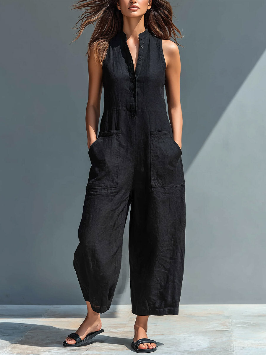 Damen V-Ausschnitt Ärmelloser Lässiger Lockere Leinen-Jumpsuit