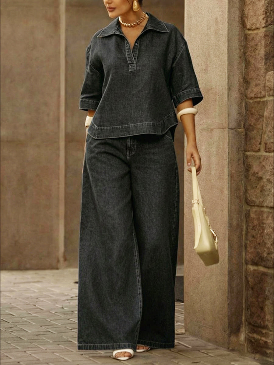 Completo donna casual in denim 100% cotone con top e pantaloni a gamba larga.
