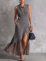 Robe maxi en maille côtelée à médias mixtes audacieuse et imprimé léopard