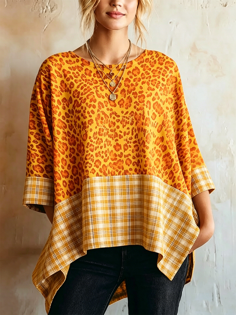 Vintage Landhaus Orange Gelb Leopardenmuster Kontrast Karo Einsatz Rundhals Umschlagmanschette 3/4-Arm Asymmetrische Überwurf-Tunika