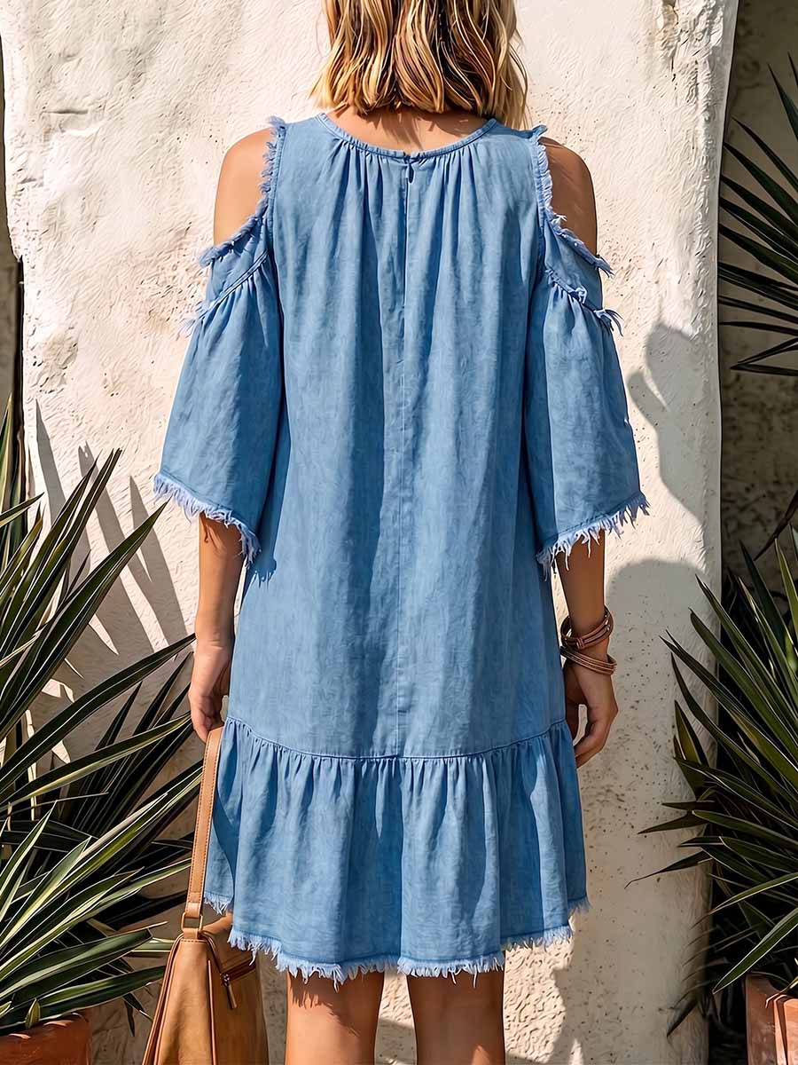 Lässiges Damen-Denimkleid in A-Linie mit Rundhalsausschnitt und 3/4-Ärmeln