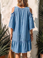 Lässiges Damen-Denimkleid in A-Linie mit Rundhalsausschnitt und 3/4-Ärmeln
