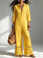 Boho-Chic Gelber Jumpsuit aus Baumwoll-Leinen mit ausgeschnittenen Säumen