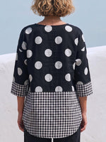 Damen Casual Lockeres Baumwoll-Leinen-Oberteil mit Polka-Dot- und Karomuster-Einsätzen, Rundhalsausschnitt und 3/4-Ärmeln