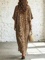 Vestido maxi casual de manga corta suelta con patrón de leopardo retro chic